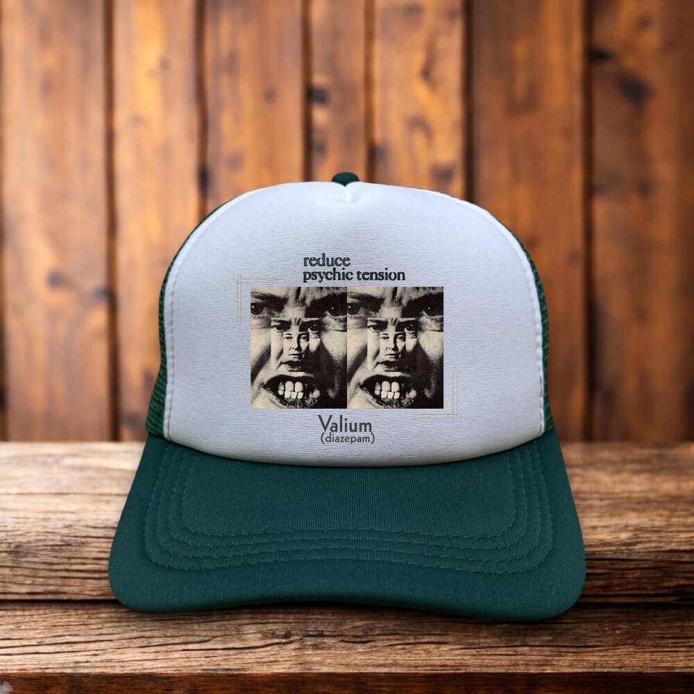 Valium Vintage Advertisement Mens Trucker Hat Green 70s Anti-Depressant Ball Cap